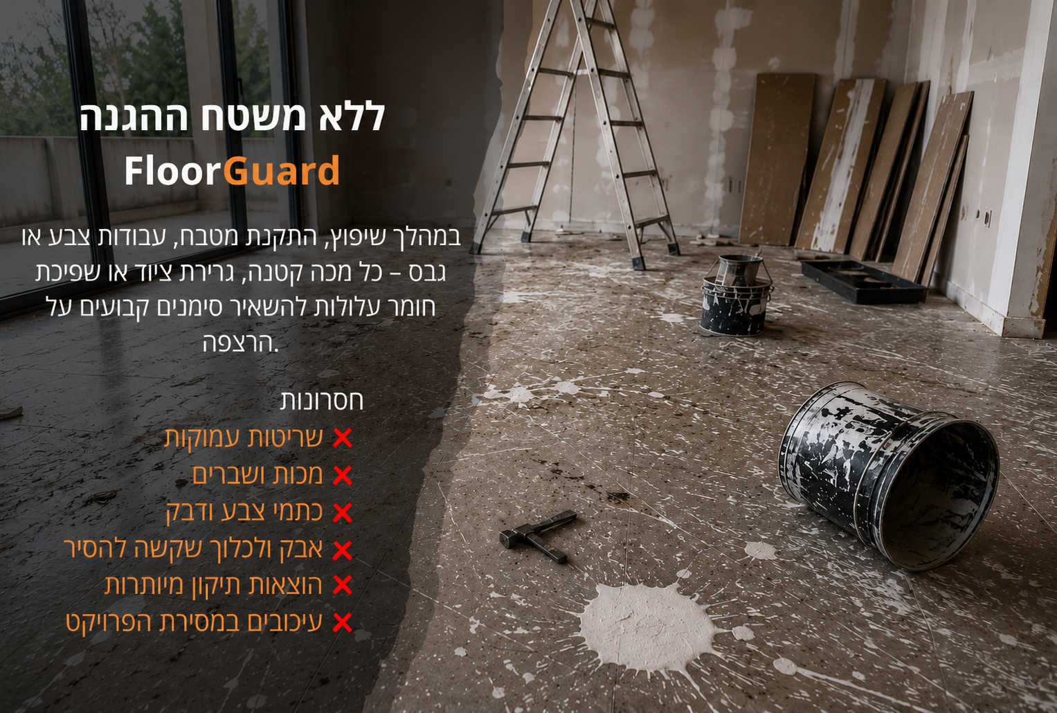 רצפה ללא הגנה, פגועה מעבודות שיפוץ